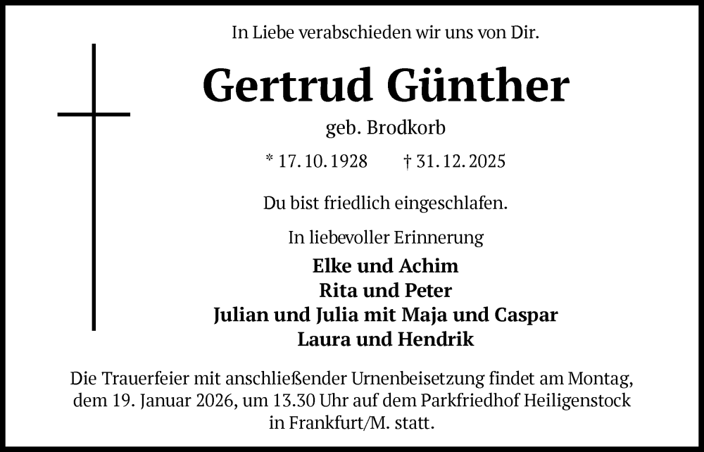  Traueranzeige für Gertrud Günther vom 10.01.2026 aus BOWO