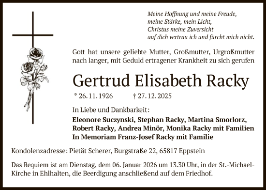 Traueranzeige von Gertrud Elisabeth Racky von FNP