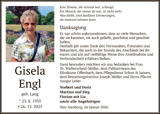 Traueranzeige von Gisela Engl von OFOP