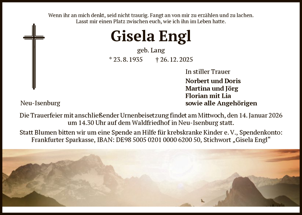  Traueranzeige für Gisela Engl vom 10.01.2026 aus OFOP