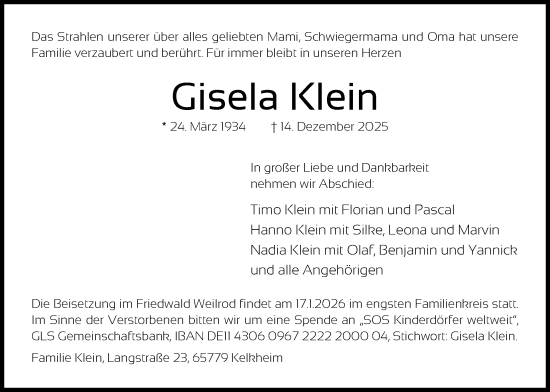 Traueranzeige von Gisela Klein von FNP