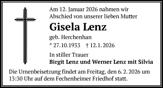 Traueranzeige von Gisela Lenz von BOWO