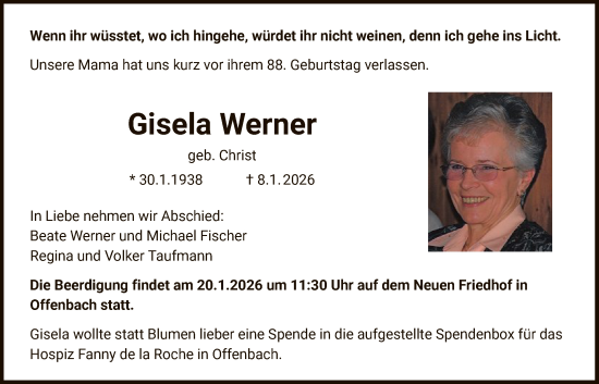 Traueranzeige von Gisela Werner von OFOP