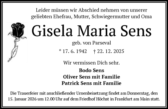 Traueranzeige von Gisela Maria Sens von FNP