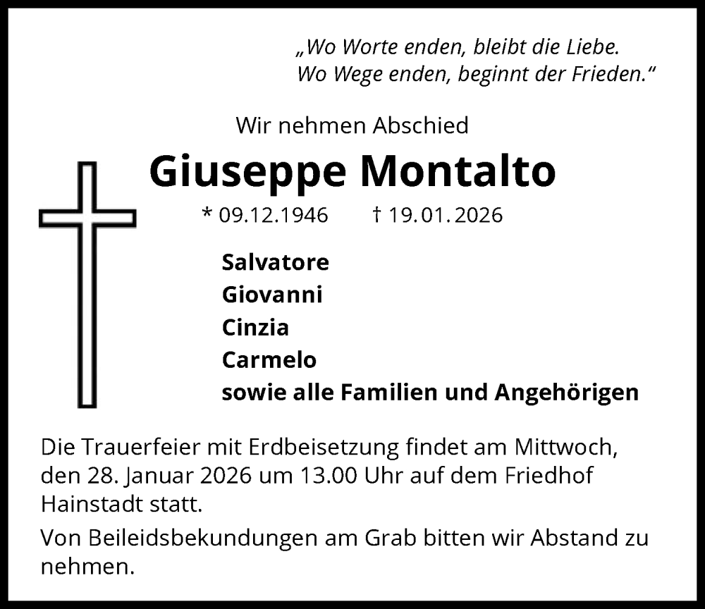  Traueranzeige für Giuseppe Montalto vom 31.01.2026 aus OF0L