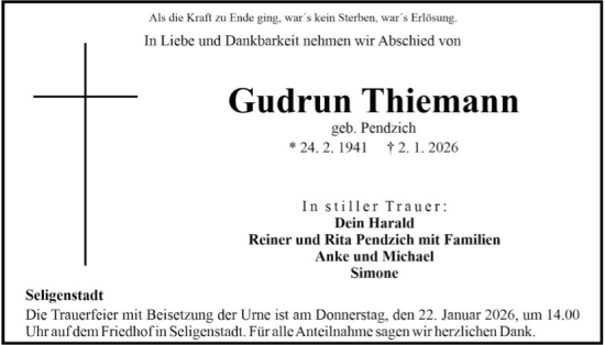 Traueranzeige von Gudrun Thiemann von OFOP
