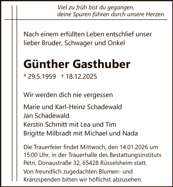 Traueranzeige von Günther Gasthuber von FNP