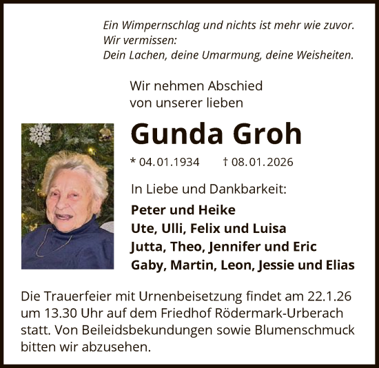 Traueranzeige von Gunda Groh von OF0L