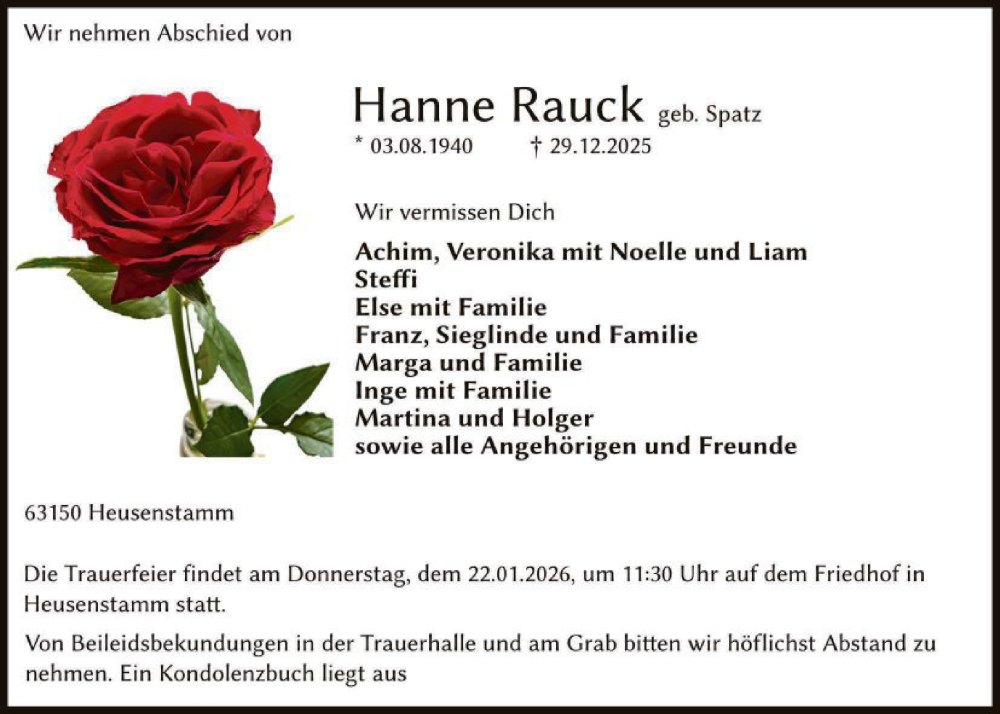  Traueranzeige für Hanne Rauck vom 17.01.2026 aus OFOP