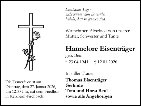 Traueranzeige von Hannelore Eisenträger von FNP