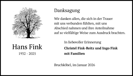 Traueranzeige von Hans Fink von HUW