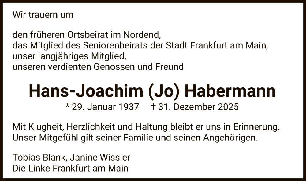  Traueranzeige für Hans-Joachim Habermann vom 21.01.2026 aus FNP