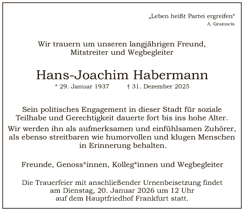  Traueranzeige für Hans-Joachim Habermann vom 17.01.2026 aus FNP
