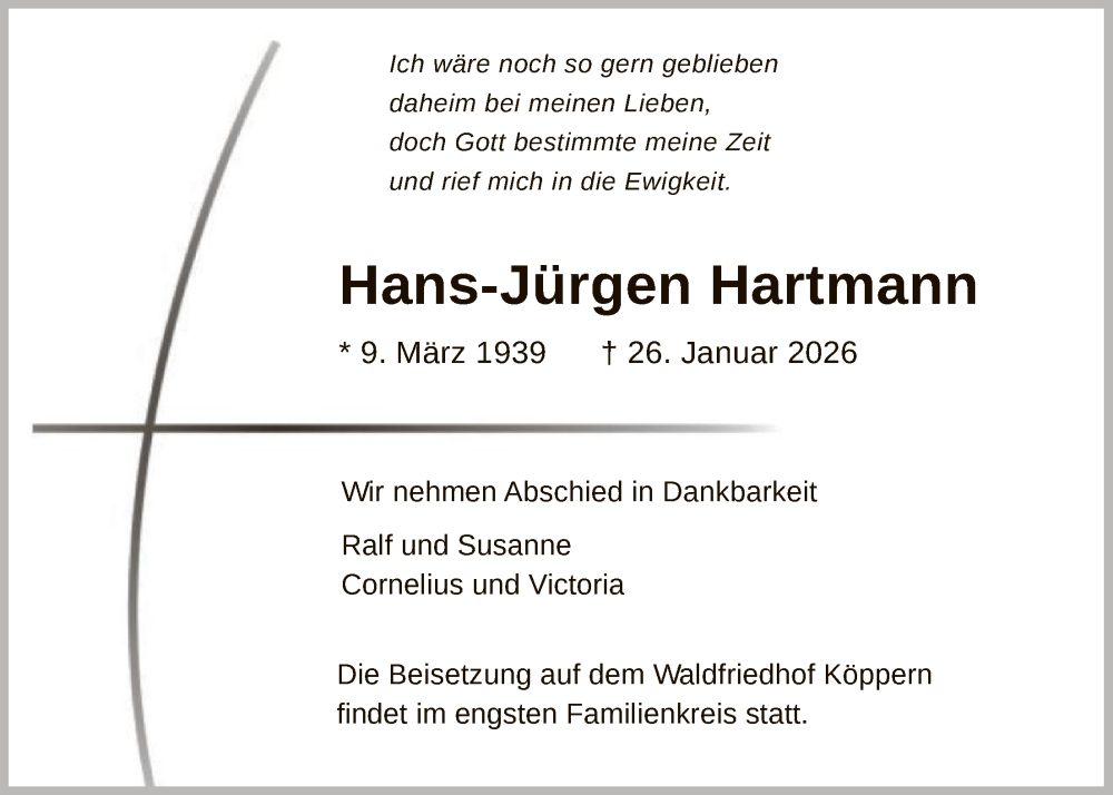  Traueranzeige für Hans-Jürgen Hartmann vom 31.01.2026 aus FNP