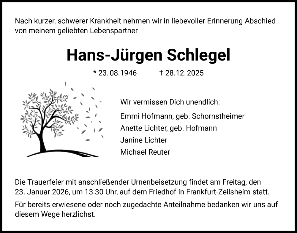  Traueranzeige für Hans-Jürgen Schlegel vom 17.01.2026 aus FNP