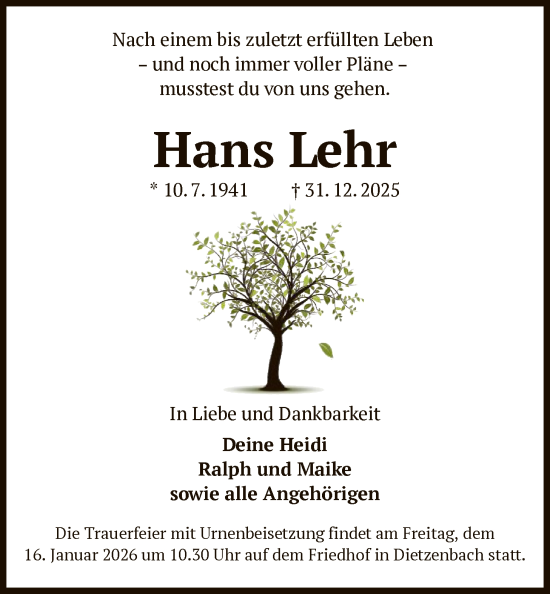 Traueranzeige von Hans Lehr von OFOP