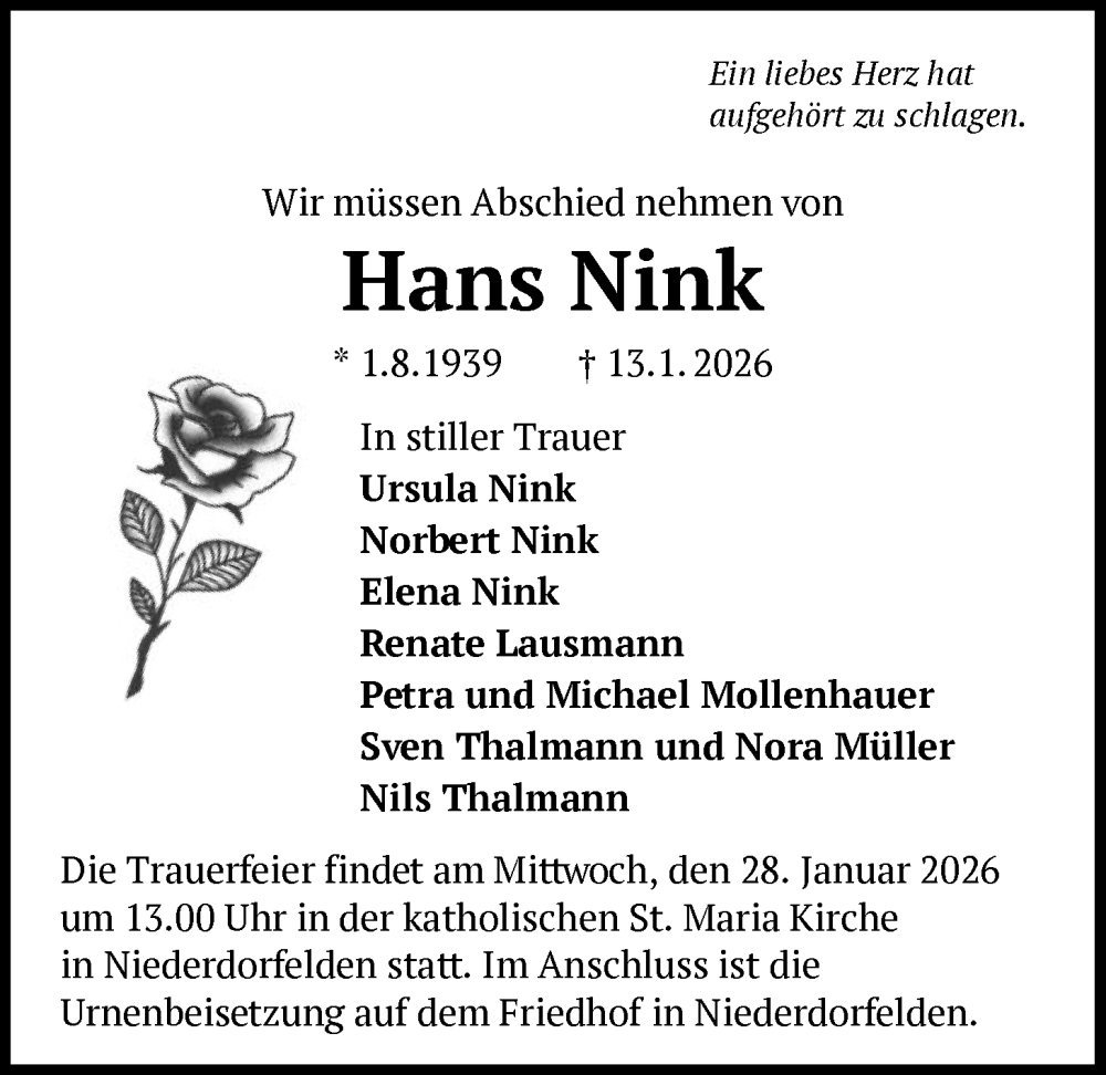  Traueranzeige für Hans Nink vom 24.01.2026 aus FNP