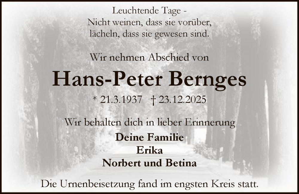 Traueranzeige für Hans-Peter Bernges vom 30.01.2026 aus OFMF
