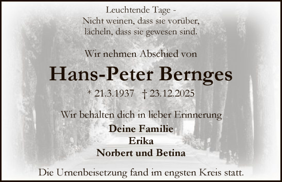 Traueranzeige von Hans-Peter Bernges von OFMF