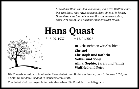Traueranzeige von Hans Quast von OF0T