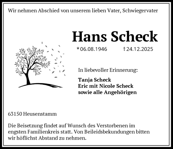 Traueranzeige von Hans Scheck von OFOP