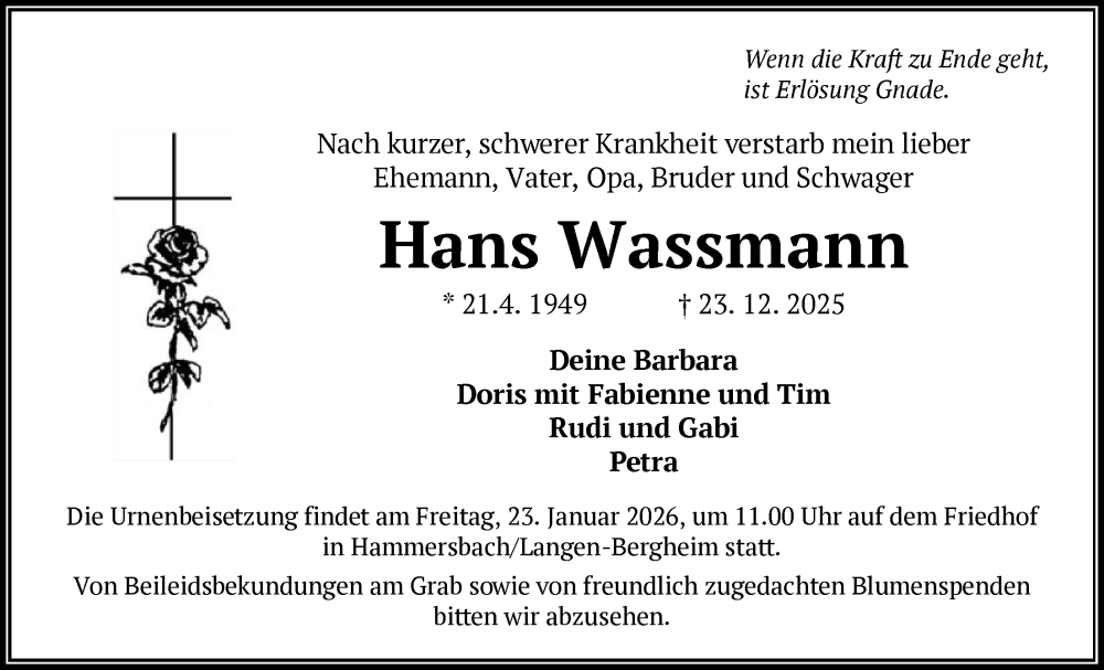  Traueranzeige für Hans Wassmann vom 17.01.2026 aus OFHA
