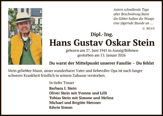 Traueranzeige von Hans Gustav Oskar Stein von OF0L