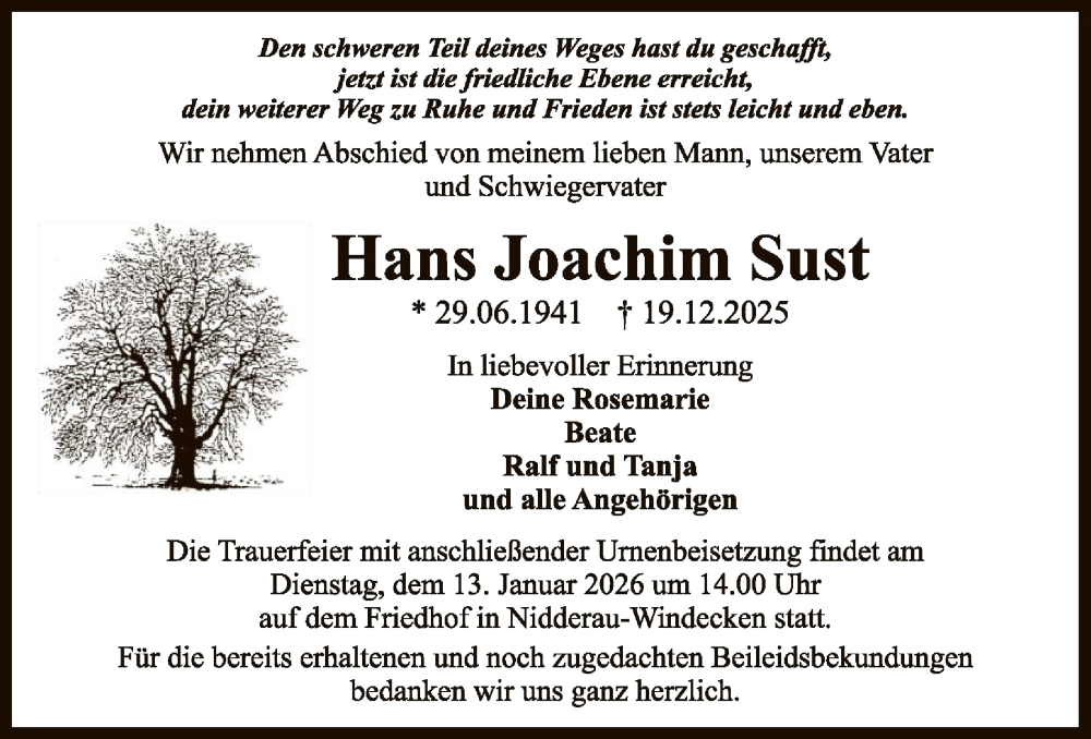  Traueranzeige für Hans Joachim Sust vom 03.01.2026 aus OFHA