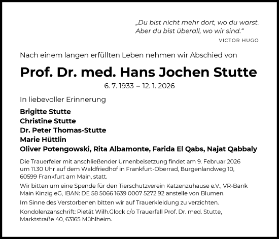 Traueranzeige von Hans Jochen Stutte von FNP