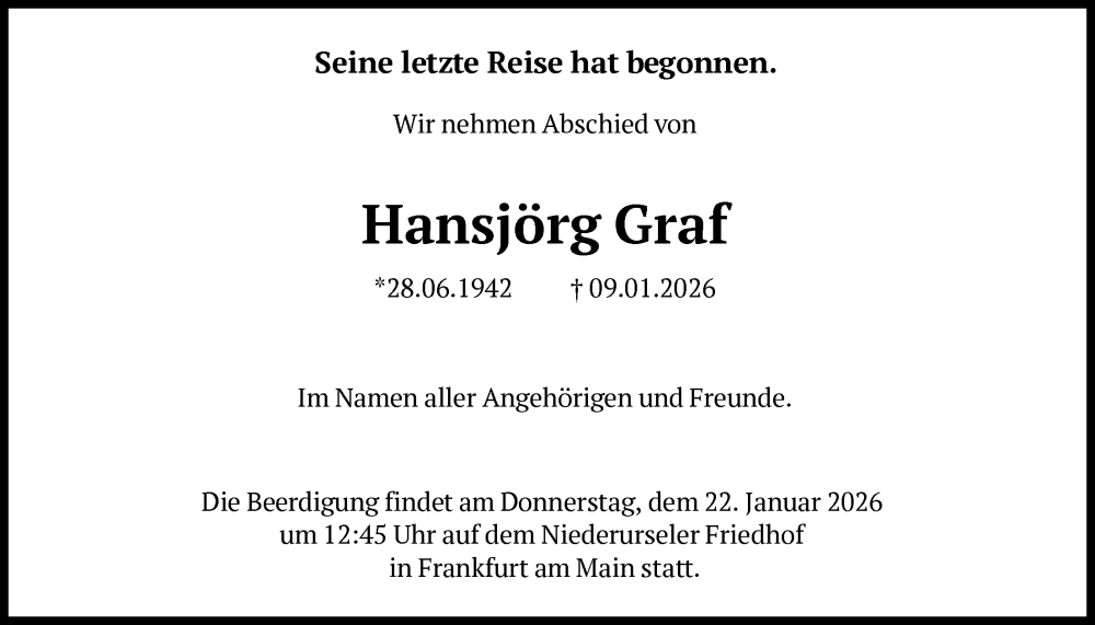  Traueranzeige für Hansjörg Graf vom 17.01.2026 aus FNP