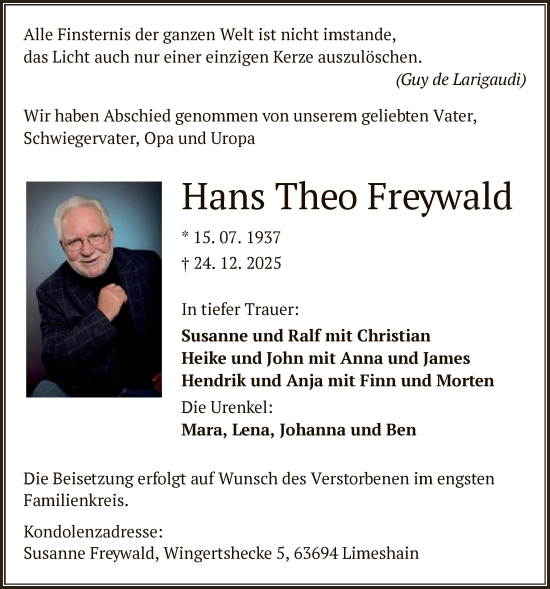 Traueranzeige von Hans Theo Freywald von OFHA