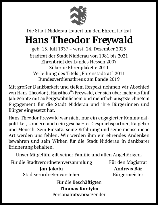 Traueranzeige von Hans Theodor Freywald von OFHA