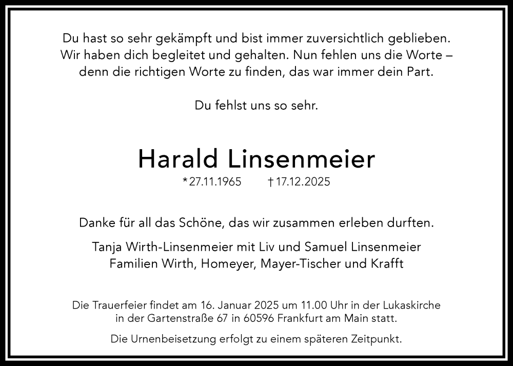  Traueranzeige für Harald Linsenmeier vom 03.01.2026 aus FNP