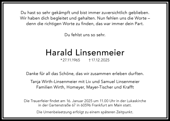 Traueranzeige von Harald Linsenmeier von FNP