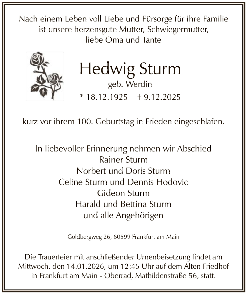  Traueranzeige für Hedwig Sturm vom 10.01.2026 aus FNP