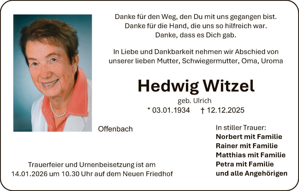  Traueranzeige für Hedwig Witzel vom 10.01.2026 aus OFOP