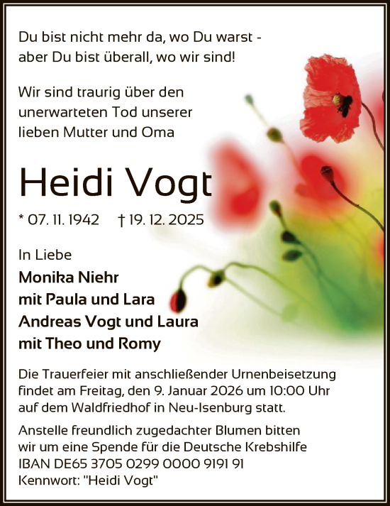 Traueranzeige von Heidi Vogt von OF0W