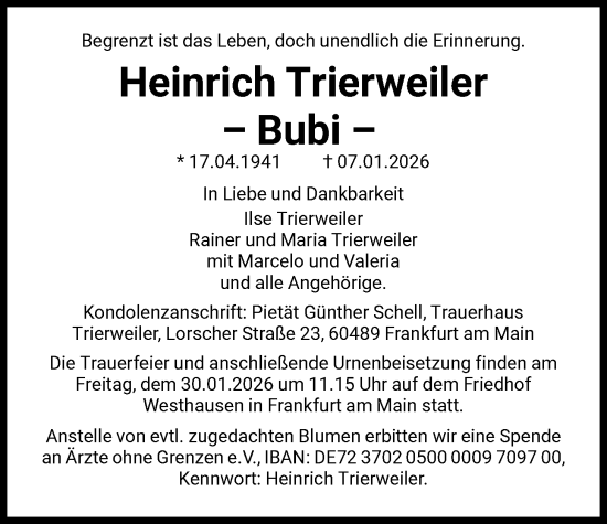 Traueranzeige von Heinrich Trierweiler von FNP