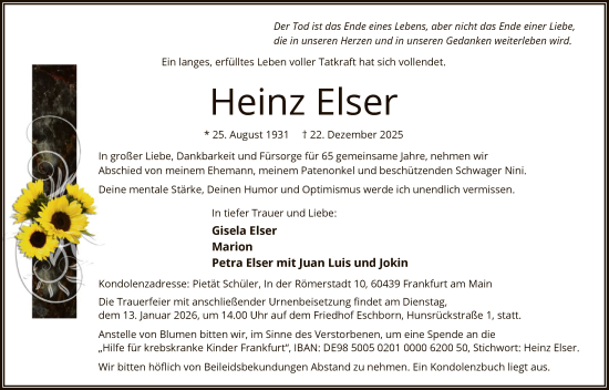 Traueranzeige von Heinz Elser von FNP