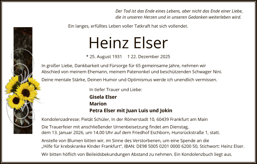  Traueranzeige für Heinz Elser vom 03.01.2026 aus FNP