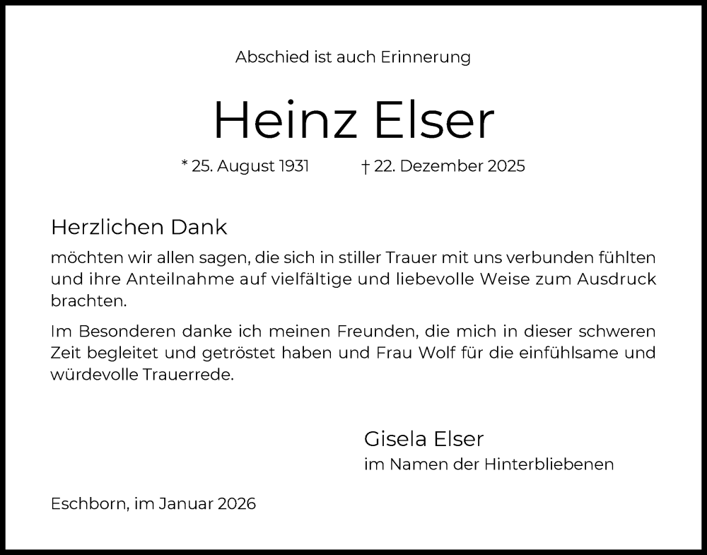  Traueranzeige für Heinz Elser vom 24.01.2026 aus FNP
