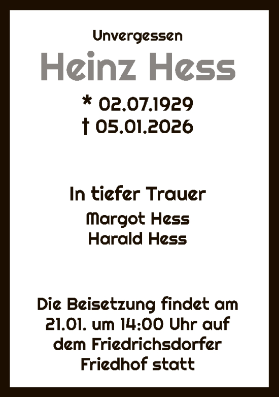 Traueranzeige von Heinz Hess von FNP