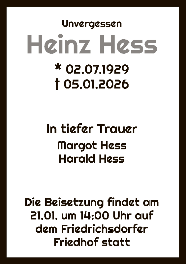  Traueranzeige für Heinz Hess vom 14.01.2026 aus FNP