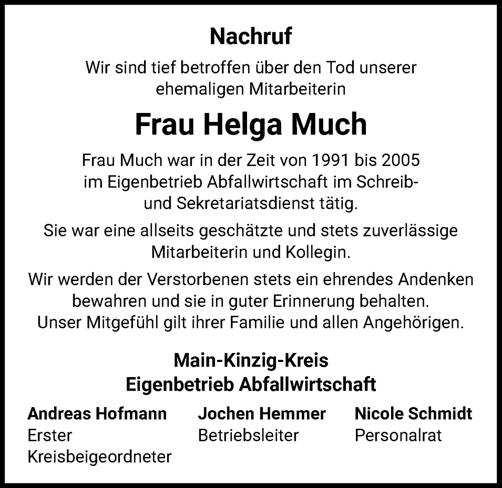  Traueranzeige für Helga Much vom 31.01.2026 aus OFHA
