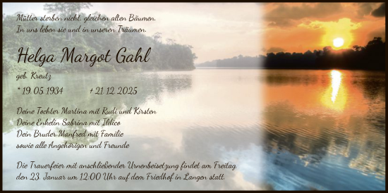 Traueranzeige von Helga Margot Gahl von OF0W