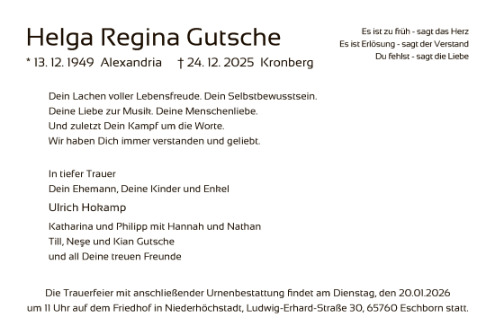 Traueranzeige von Helga Regina Gutsche von FNP