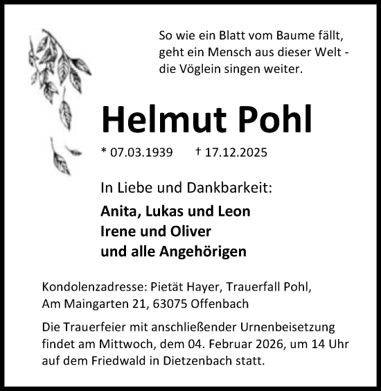 Traueranzeige von Helmut Pohl von OFOP