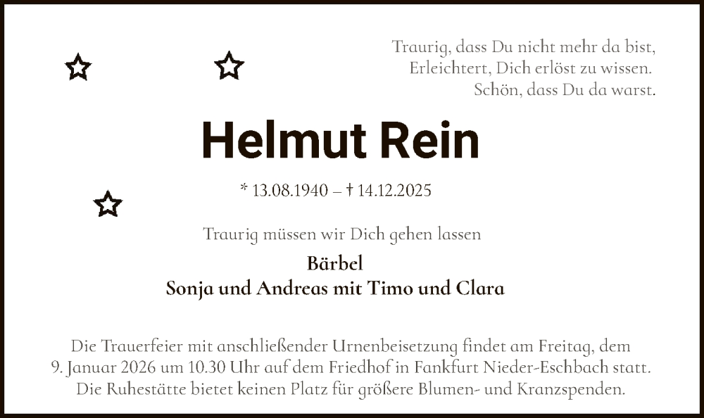 Traueranzeige für Helmut Rein vom 02.01.2026 aus FNP