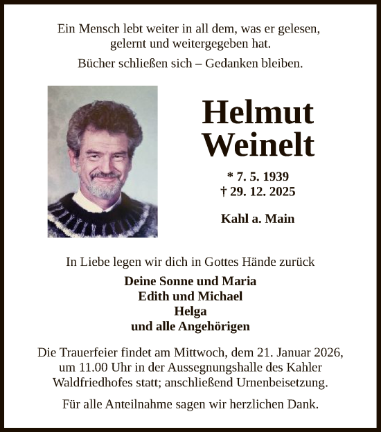 Traueranzeige von Helmut Weinelt von OFHA