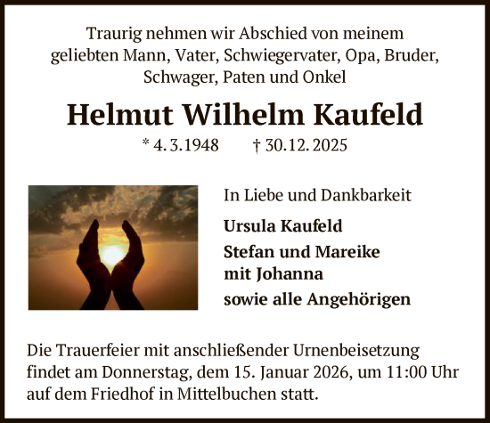 Traueranzeige von Helmut Wilhelm Kaufeld von OFHA